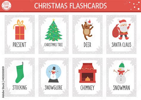 Vector Christmas Flash Cards Set English Language Game With Cute Santa