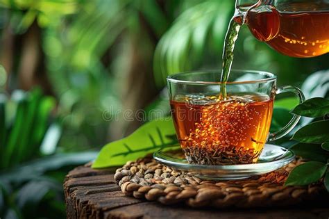 Glass Cup Of Tea On Wooden Table And Blurred Nature Background Stock