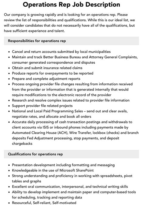 Operations Rep Job Description Velvet Jobs