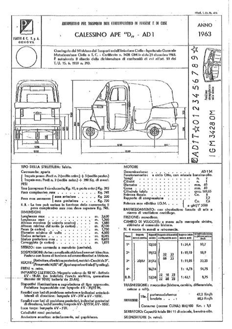 PIAGGIO CALESSINO APE D AD1 1963 Schede Tecniche Di