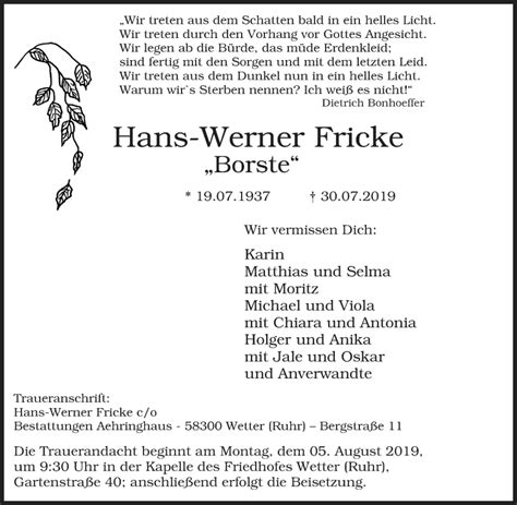 Traueranzeigen Von Hans Werner Fricke Trauer In NRW De