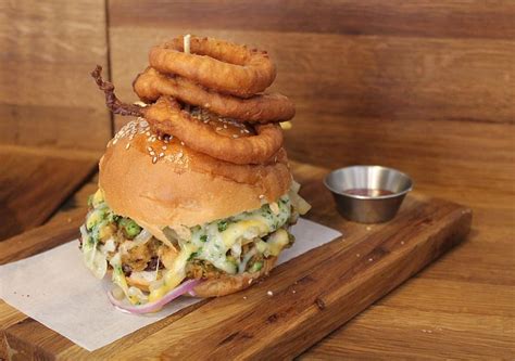 Chicken Burger With Crispy Onion Rings Recipe