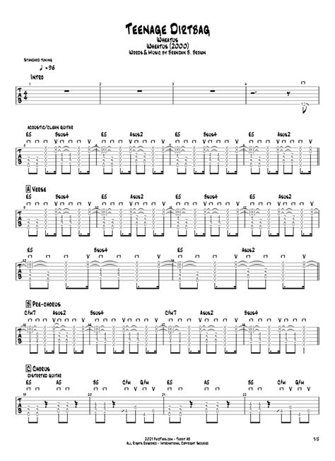 Teenage Dirtbag Drum Tab & Chords - Wheatus | PaidTabs.com