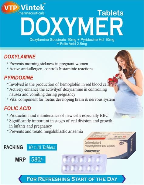 Doxylamine Succinate 10mg Pyridoxine Hcl 10mg Folic Acid 25mg At