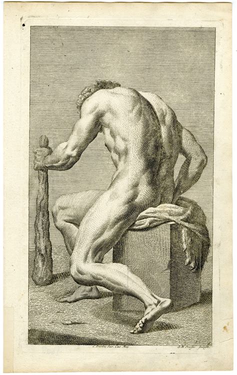 Antique Master Print SEATED NUDE MAN CLUB Preisler 1722 Pictura Antique Prints