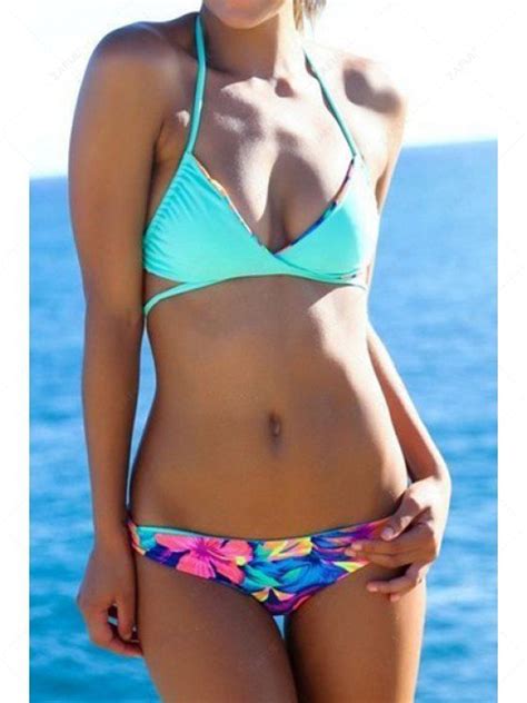 Halter Neck Floral Print Tie Up Bikini Set Blue Bikinis M Zaful