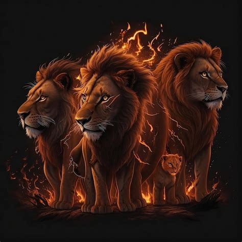 Premium AI Image | three lions in flames with flames in the black ...