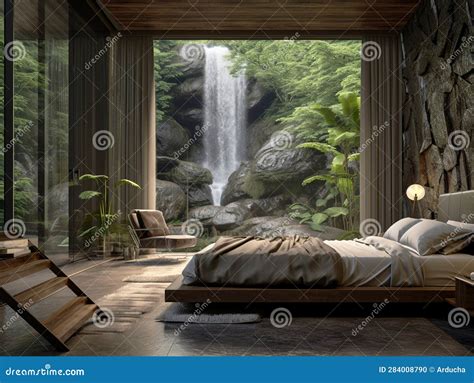 3d Rendering Bedroom Design Near a Waterfall Stock Illustration - Illustration of outdoor ...