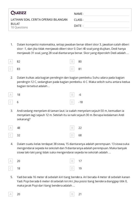 Lembar Kerja Operasi Dengan Bilangan Bulat Untuk Kelas Di Quizizz