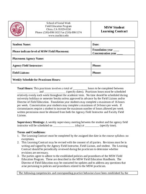 MSW Student Learning Contract Doc Template PdfFiller