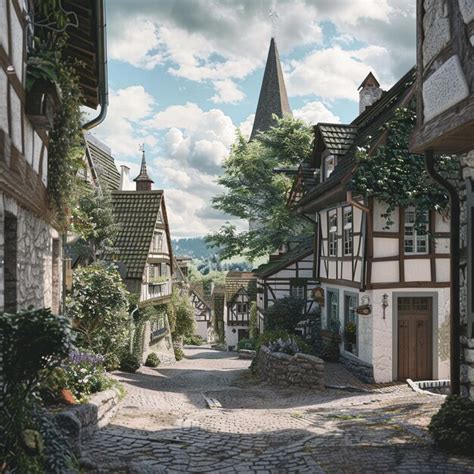 Premium Photo German Village Cobblestone Street With Church Steeple