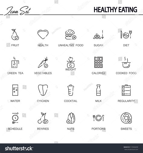 Healthy Eating Flat Icon Set Collection Stock Vector Royalty Free