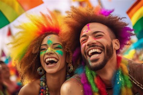 Una Pareja Feliz Y Sonriente Celebra El Desfile Del Orgullo Gay Lgbtq En Sao Paulo El Mes Del