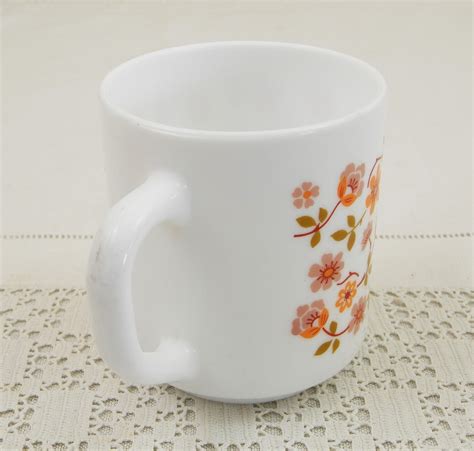 Vintage French White Milk Glass Arcopal Mug With Orange Flower Pattern