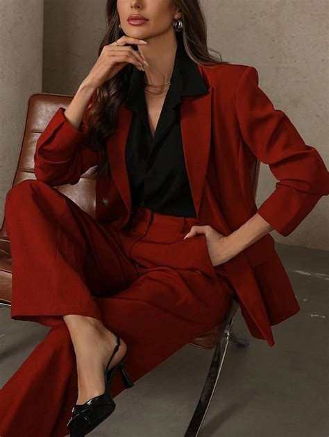 Shein Modichic Women Business Casual Slim Fit Notched Collar Double Breasted Blazer And Trouser