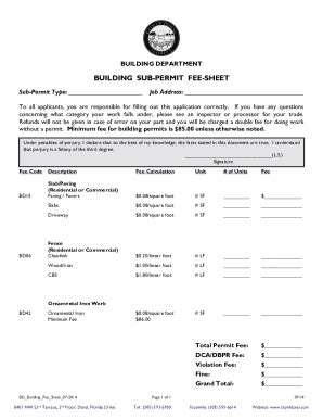 Fillable Online Building Sub Permit Fee Sheet Building Department