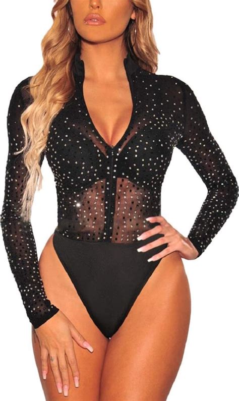 Sebowel Women Sexy Sheer Mesh Bodysuit Rhinestone See Through Long