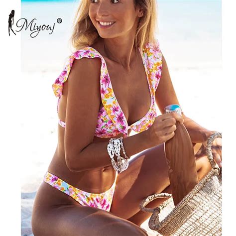 Aliexpress Buy Miyouj Sexy Floral Bikini Push Up Shoulder Ruffle Swimsuit Lace Up Deep V