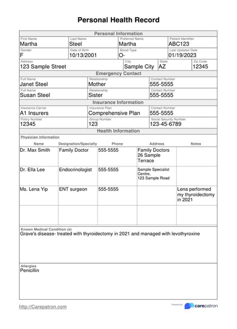 Personal Health Record Template And Example Free Pdf Download