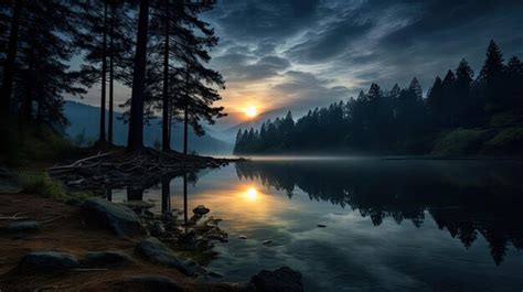 Premium AI Image | A lake with trees and a sunset