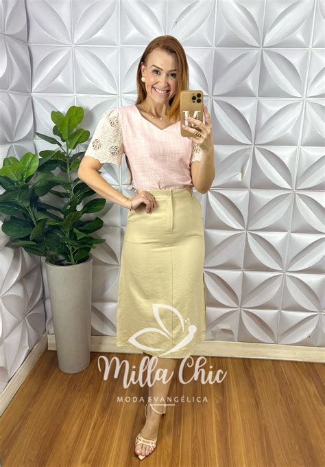 Saia Albânia Em Alfaiataria Nude Milla Chic