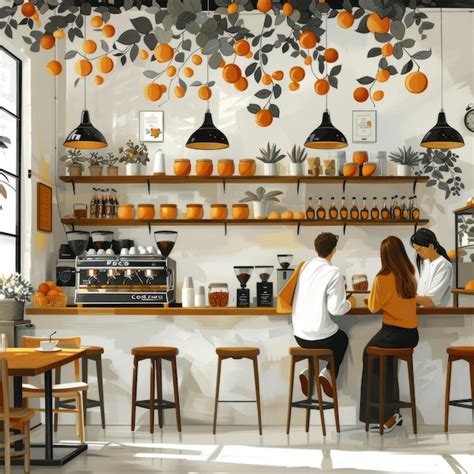 Premium Photo | Modern Cafe Interior with Hanging Orange Decor and ...