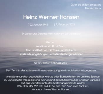 Traueranzeigen Von Heinz Werner Hansen Sh Z Trauer