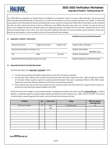 Fillable Online Verification Worksheets Dependent Student