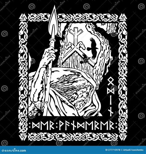 Design In Old Norse Style Supreme God Odin Two Crows And Runic Signs