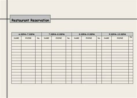 EXCEL TEMPLATES: Restaurant Reservation Sheet