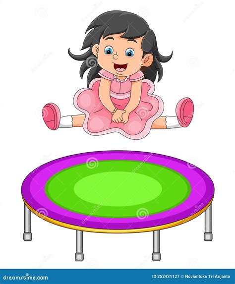 La Mignonne Fille Avec La Jolie Robe Saute Sur Le Trampoline