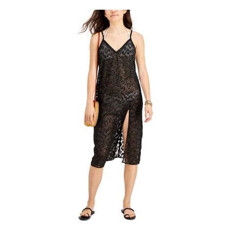 Miken Swim Miken Womens Black Textured Slit Midi Deep V Neck