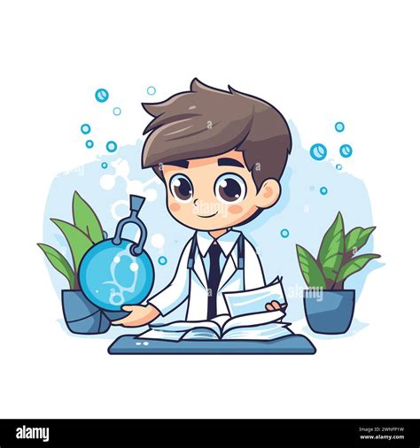 Cartoon little boy in a lab coat and with a book. Vector illustration ...