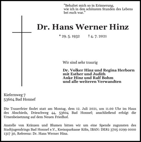 Traueranzeigen Von Dr Hans Werner Hinz Sh Z Trauer