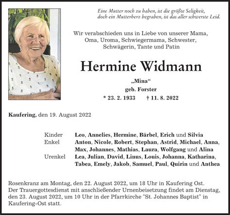 Traueranzeigen Von Hermine Widmann Augsburger Allgemeine Zeitung