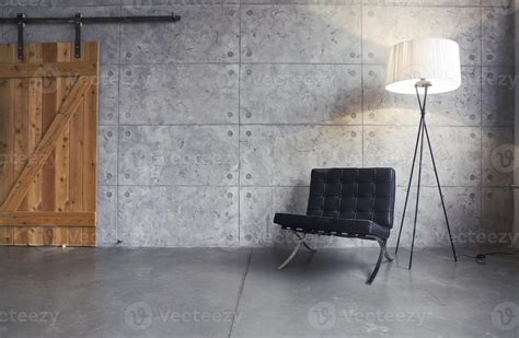 Gray color living room interior design with floor lamp and armchair