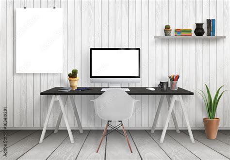 Computer on desk and isolated poster mockup in modern office interior ...