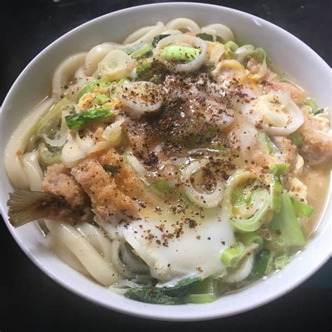 アジフライ、小松菜、にんにく、ねぎの卵うどん レシピ・作り方 By Naben 楽天レシピ