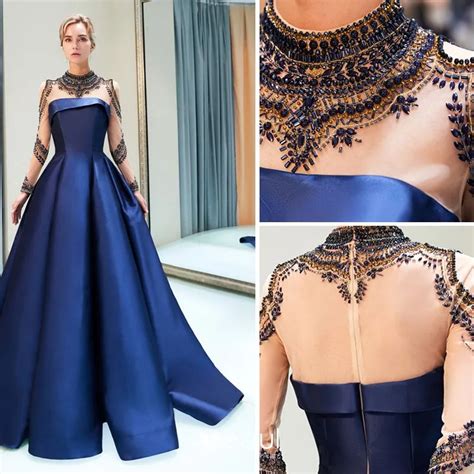 Luxury Gorgeous Navy Blue Evening Dresses 2019 A Line Princess High Neck Beading Crystal