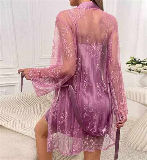 Satin Cami Nightdress Contrast Lace Robe Set Picture Perfect Lingerie