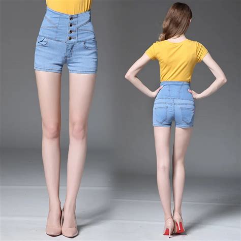 New 4 Buttons Retro Elastic High Waist Short Feminino Denim Shorts For