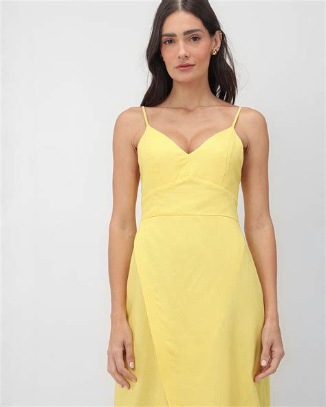 Riachuelo Vestido Midi Viscolinho Transpassado Decote V Amarelo Ak