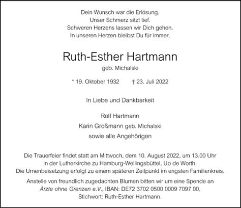 Traueranzeigen Von Ruth Esther Hartmann HamburgerTRAUER De