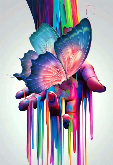 The Butterfly Is Flying Over The Colorful Paint Drips