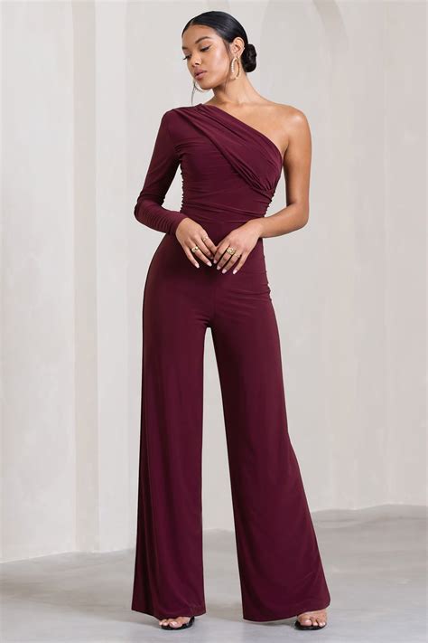 Mila Burgundy One Shoulder Ruched Wide Leg Jumpsuit Club L London Uk