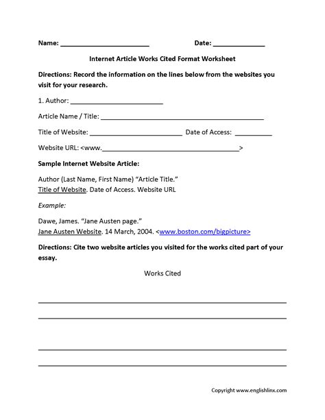 Mla Citation Practice Worksheet With Answers