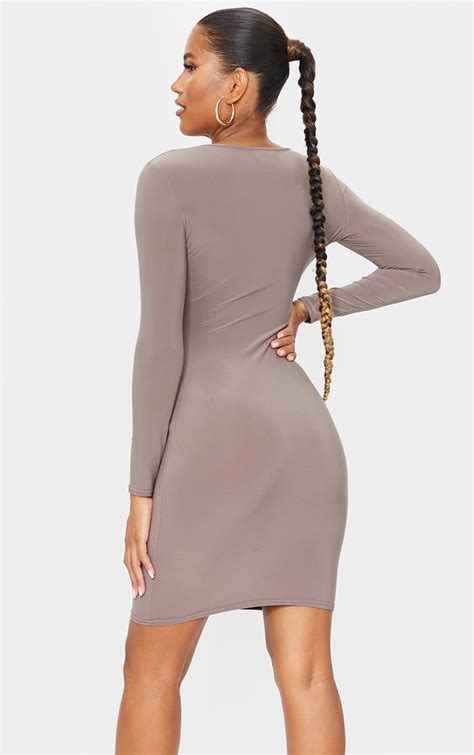 Taupe Long Sleeve Plunge Bodycon Dress Prettylittlething Usa