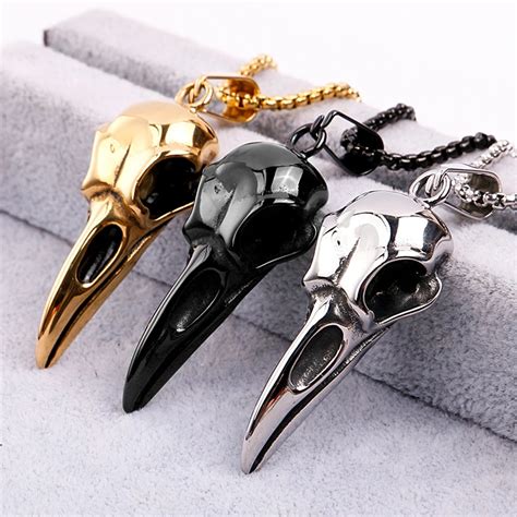 Vintage Nordic Viking Crow Head Bird Skull Pendant Necklace For Men