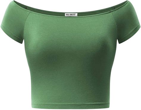 Green Crop Topwomens Basic Short Sleeve Off Shoulder Cami Crop Tank Top X Small Womens Basic