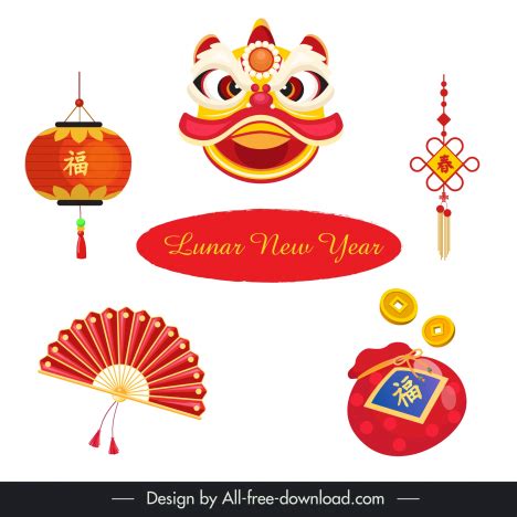 Lunar new year elements oriental symbols objects vectors stock in ...